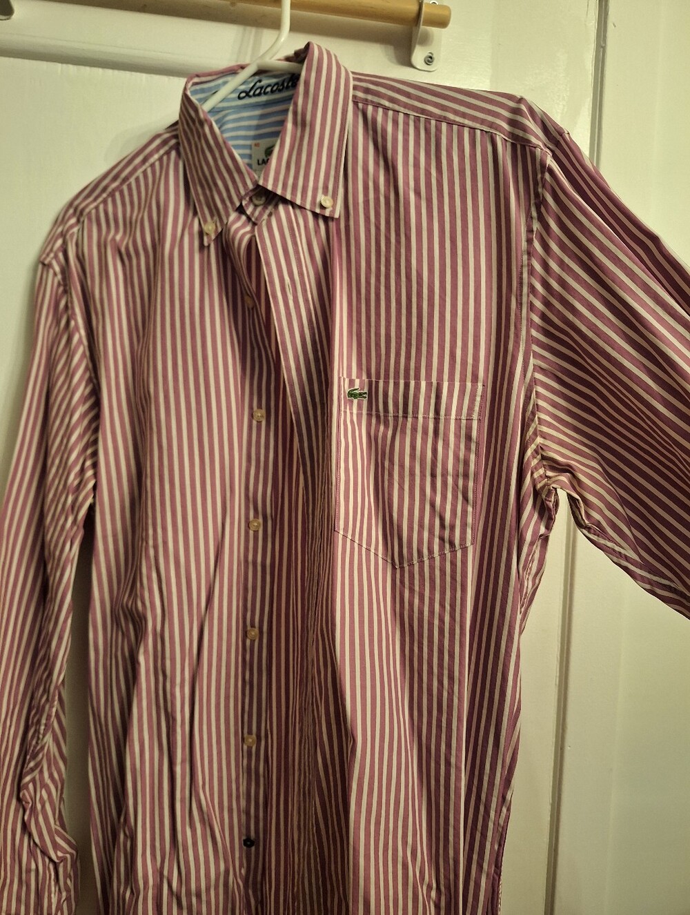 Lacoste Men's Red and White Vertical Stripe Button-Down Shirt